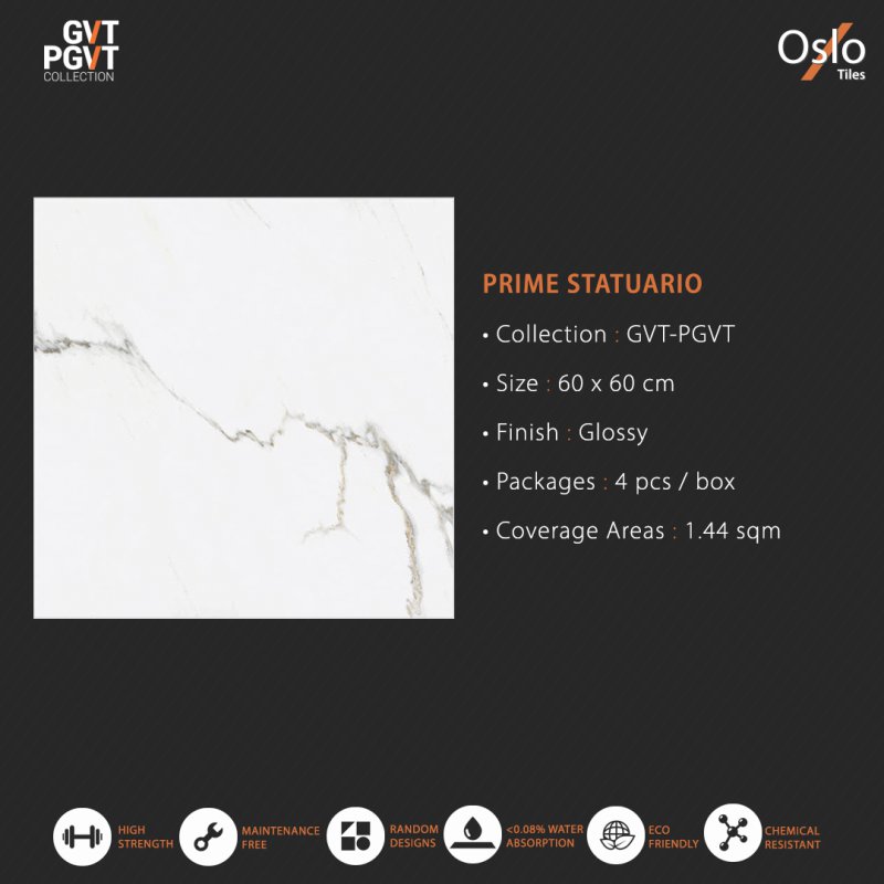 Prime Statuario (GVT-PGVT) Porcelain Tile White Marble Design Size 60x60CM Glossy Finish