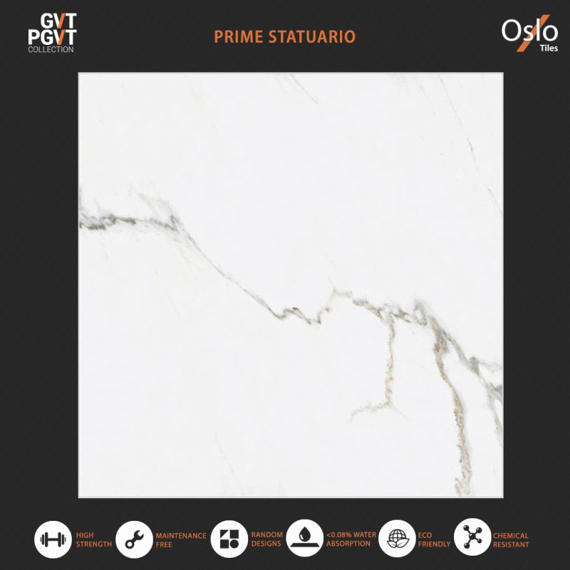 Prime Statuario (GVT-PGVT) Porcelain Tile White Marble Design Size 60x60CM Glossy Finish