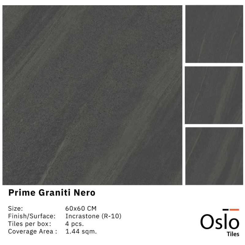 Prime Graniti Nero กระเบื้องพอร์ซเลน ลายหินสีเทาเข้ม ขนาด 60x60 cm ผิวหยาบ (Incrastone R-10)