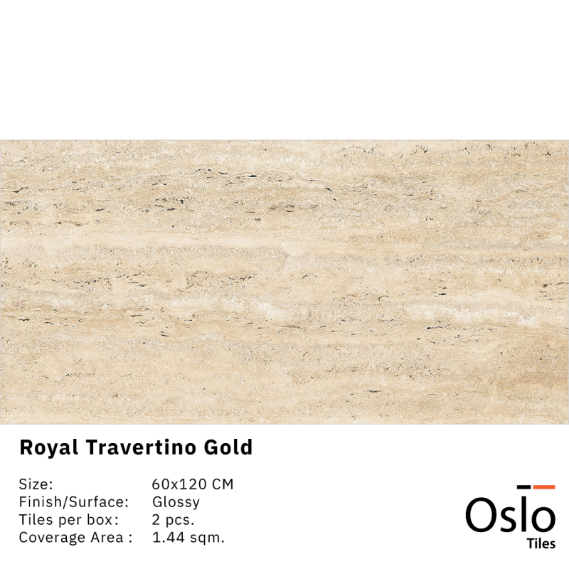 Royal Travertino Gold  กระเบื้องพอร์ซเลน ลายหินสีครีม ขนาด 60x120CM ผิวเงา